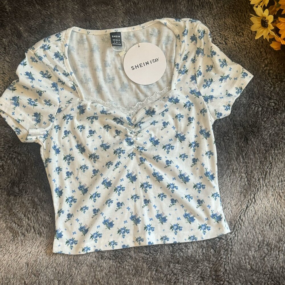 Floral Print Ruched Bust Tee Top Small NWT